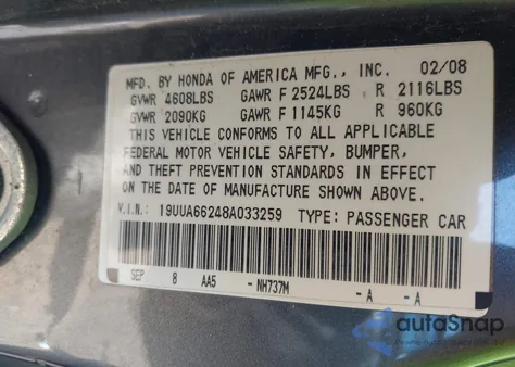 2008 Acura Tl 3.2 from USA, damaged, VIN 19UUA66248A033259